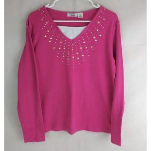 Vintage Hatfield Design Women's Pink Shirt With Beautiful Beaded Neckline Large